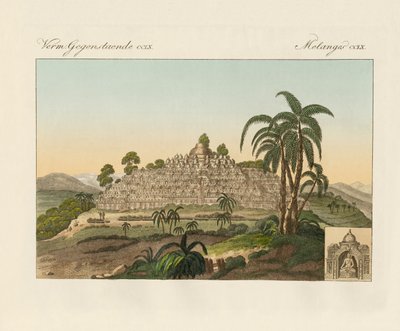 O templo de Buda de Borobudur em Java (gravura colorida) de German School