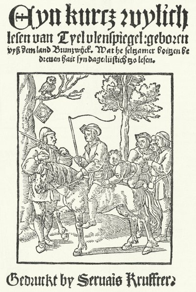 A página de título da edição mais antiga da Baixa Alemã conhecida Till Eulenspiegel, impressa por Servais Kruffter (gravura) de German School