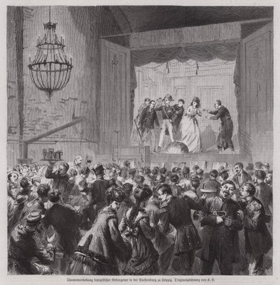 Actuação teatral de prisioneiros franceses da Guerra Franco-Prussiana em Pleissenburg, Leipzig, Alemanha (gravura) de German School