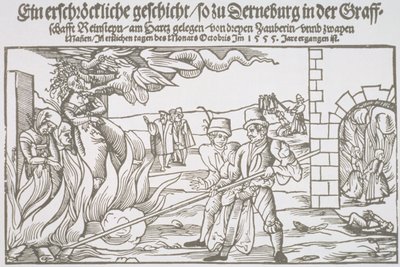 Três bruxas queimadas, ilustração de panfleto de German School