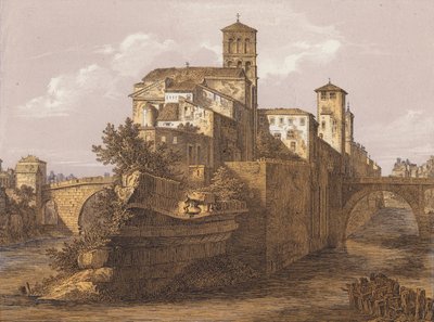 Ilha do Tibre, Roma, Itália (litografia a cores) de German School