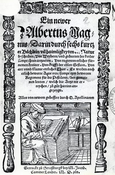 Página de rosto de um novo Albertus Magnus: seis livros curtos descrevendo muitos dos segredos da natureza, publicados em 1514 (xilogravura e tipografia) de German School