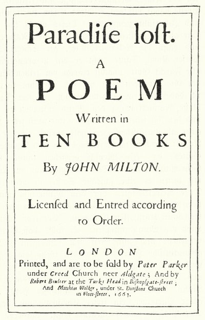 Página de título da edição original de Paradise Lost do poeta inglês John Milton, publicada em 1667 (gravura) de German School