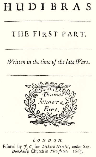 Página de título do poema satírico Hudibras do poeta inglês Samuel Butler, publicado em 1663 (gravura) de German School