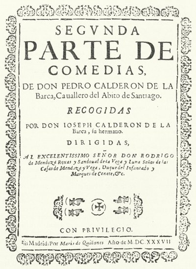 Página de título do segundo de quatro volumes das Comédias de Calderon, publicado em 1637 (gravura) de German School
