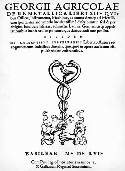 Página de título de De re metallica (Sobre a natureza dos metais), de Georg Pawer ou Georgius Agricola (1494-1555), publicado em Basileia de German School