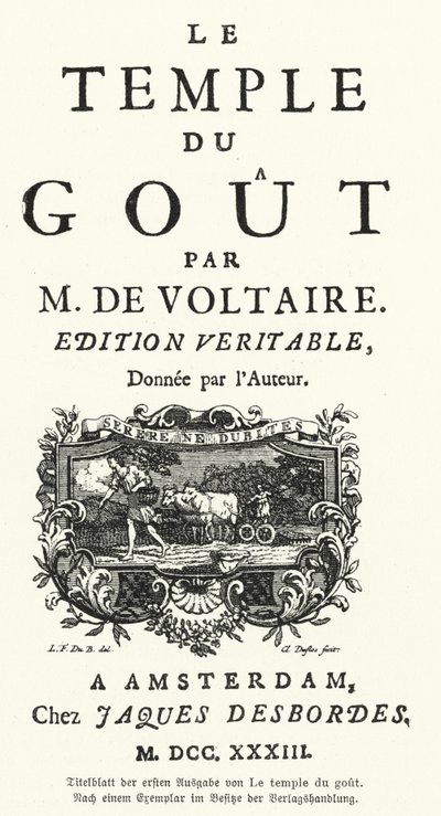 Página de título da primeira edição do escritor e filósofo francês Voltaire, Le Temple du Gout de German School
