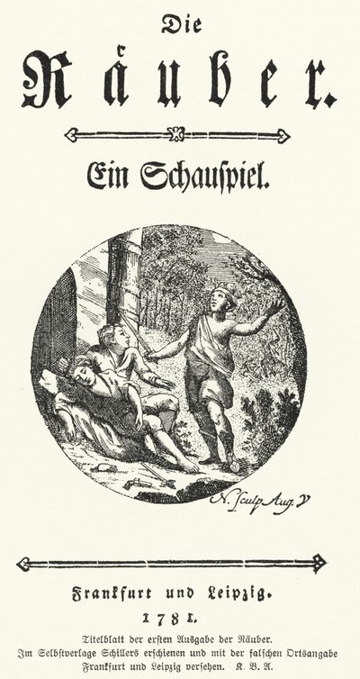 Página de título da primeira edição da peça de Friedrich Schiller Die Rauber (Os Assaltantes) de German School