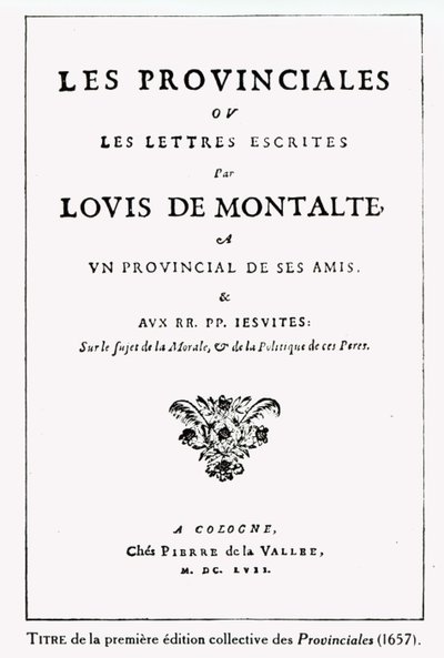 Titlepage of Les Provinciales de Blaise Pascal (1623-62), Amsterdã, 1657 (tinta no papel) de German School