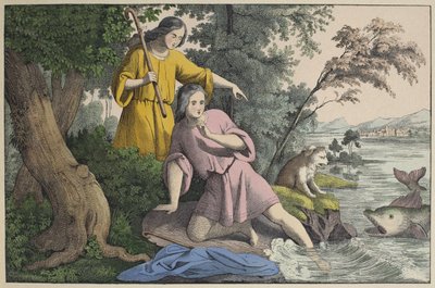 Tobias e o Arcanjo Rafael, ilustração de LAncien Testament, publicado por Jakob Ferdinand Schreiber, Esslingen (gravura colorida) de German School
