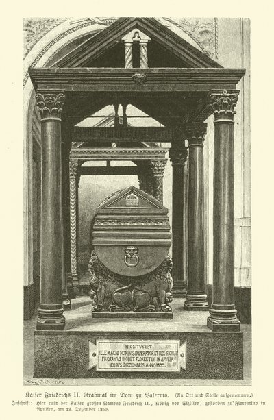 Túmulo de Frederico II, Santo Imperador Romano, na Catedral de Palermo, Sicília (gravura) de German School