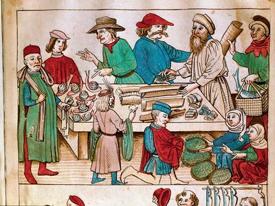 Comércio: cena de caminhar. Miniatura de "Chronicles of the Council of Constance" de Ulrich Richental (1360-1437) 1438 aproximadamente Praga, biblioteca nacional de German School