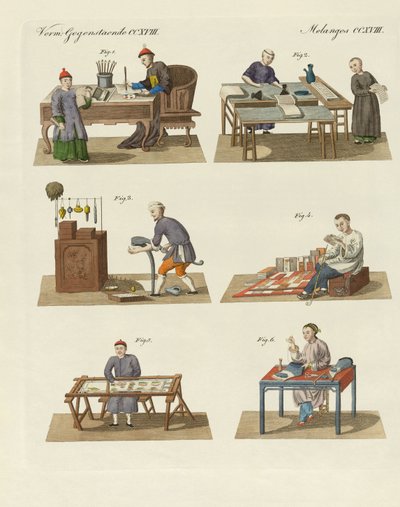 Ofícios, artes e trabalhos manuais na China (gravura a cores) de German School