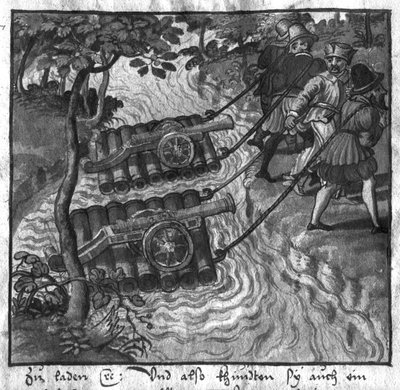 Transporte, de, canhões, e, canhões, cruzando rio, ligado, jangadas, ilustração, de, laart, lArtillerie, por, Wolff, de, Senftenberg, tarde, 16º século de German School