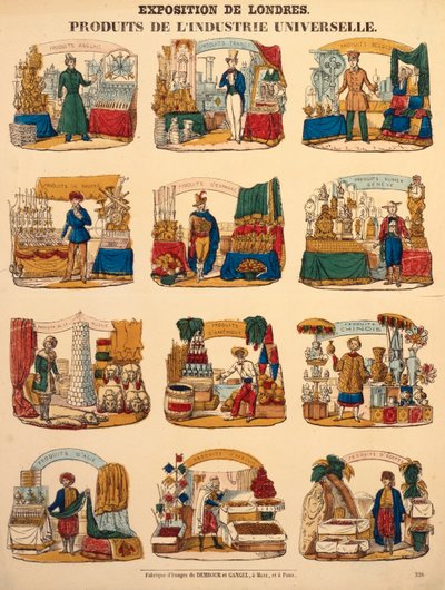 Doze stands de exposição de várias nações na Grande Exposição em Londres, publicada por Dambour & Gangel, Metz, 1851 (gravura em madeira) de German School