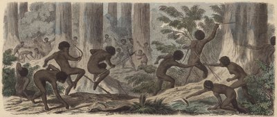 Duas tribos de aborígenes australianos lutam (gravura colorida) de German School