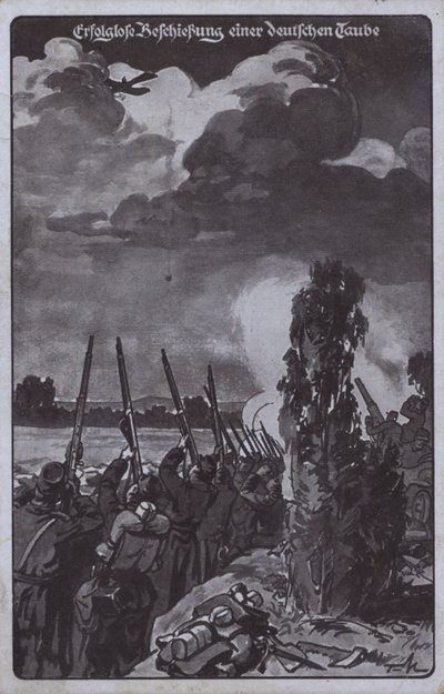 Tentativa infrutífera de abater um avião alemão, Primeira Guerra Mundial (litografia) de German School
