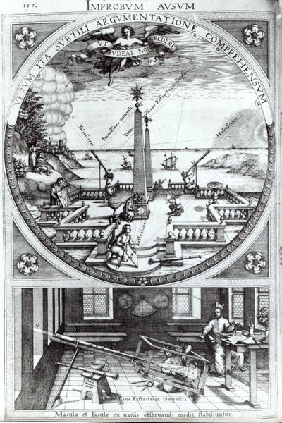 Vários métodos de observação de manchas solares, ilustração de Rosa Orsina por Christoph Scheiner, publicada em 1630 (para detalhes ver 294058) de German School