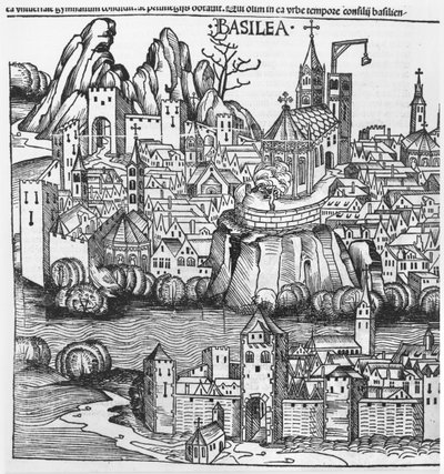Vista de Basileia, ilustração da Crónica de Nuremberg por Hartmann Schedel (1440-1514) 1493 de German School