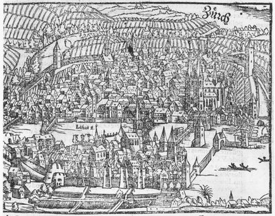 Vista de Zurique, da Cosmographie Universelle por Sebastien Munster (1488-1552) Basel, publicado em 1559 de German School