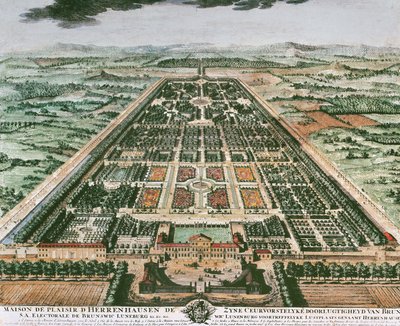 Vista do jardim do Castelo de Herrenhausen, cerca de 1708, impressão a cores, Alemanha de German School
