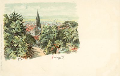 Vista da cidade de Friburgo, Alemanha, com a sua catedral (chromolitho) de German School