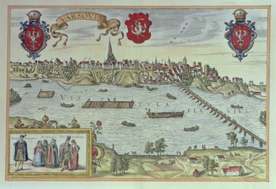Vista da cidade de Varsóvia ao lado do rio Vístula, a partir de "Cenas Velha da Cidade Europeia" (gravura) de German School