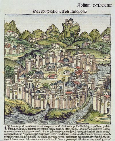 Vista da cidade murada de Constantinopla, do Nuremberg Chronicle por Hartmann Schedel (1440-1514) 1493 (woodblock) de German School