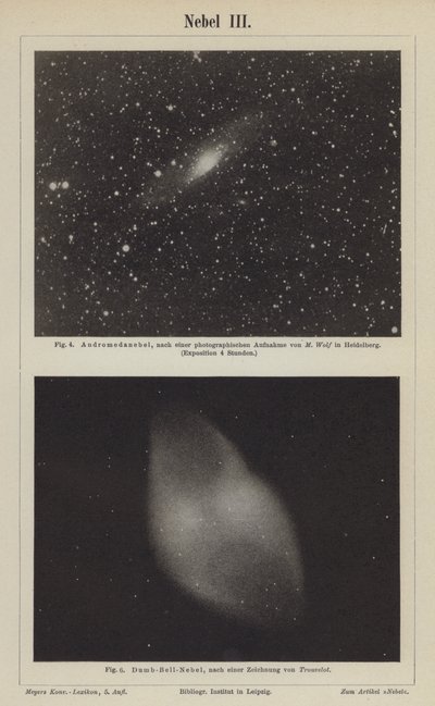 Vistas da Nebulosa de Andrómeda e da Nebulosa de Dumbbell (gravura) de German School