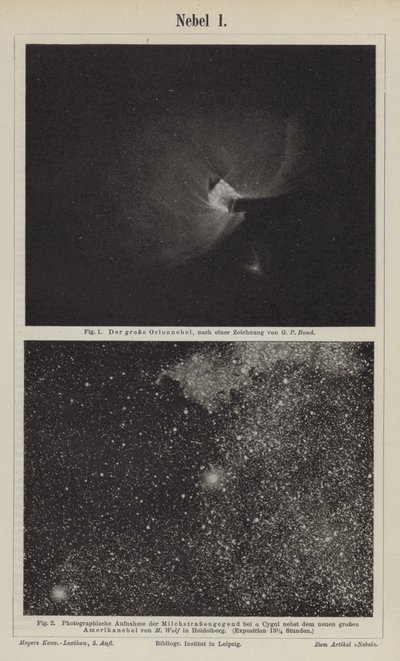 Vistas da Nebulosa de Orion e da Via Láctea na área de Deneb (gravura) de German School