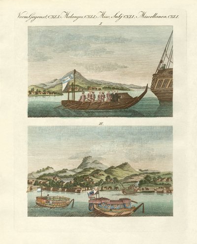 Vistas da costa do Japão junto a veículos japoneses (gravura colorida) de German School
