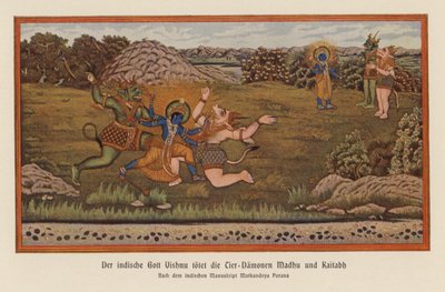 Vishnu a matar os demónios Madhu e Kaitaba (litografia a cores) de German School