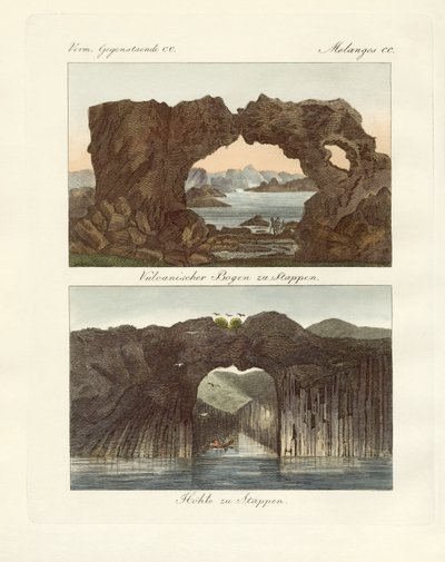 Arcos vulcânicos e cavernas (gravura colorida) de German School