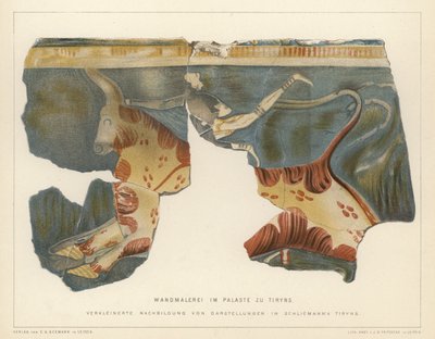 Pintura de parede do palácio de Micenas em Tiryns, Grécia, escavada pelo arqueólogo alemão Heinrich Schliemann (cor litho) de German School