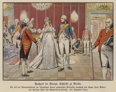 Casamento do príncipe herdeiro Frederick William da Prússia e da princesa Louise de Mecklenburg-Strelitz no Palácio Real, Berlim, 24 de Dezembro de 1793 (cor litho) de German School