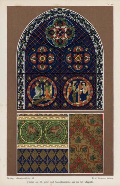 Janela da Basílica de St Denis e decoração da parede de Sainte-Chapelle, Paris, França (cor litho) de German School