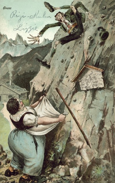 Mulher que apanha homem a cair da montanha (cor litho) de German School