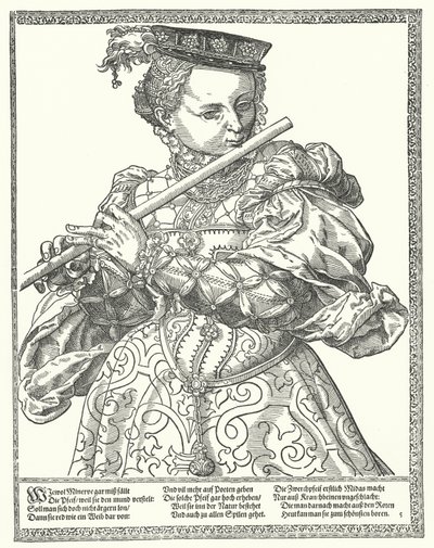 Mulher tocando flauta (gravura) de German School