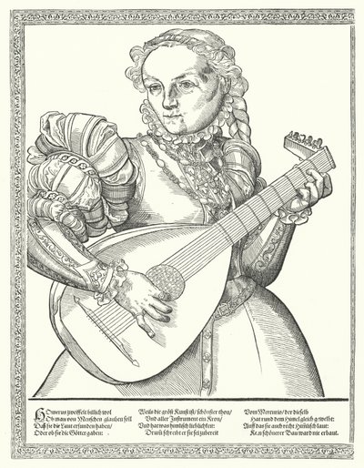 Mulher tocando alaúde (gravura) de German School