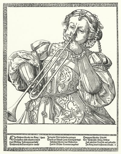 Mulher tocando trombone ou sackbone (gravura) de German School