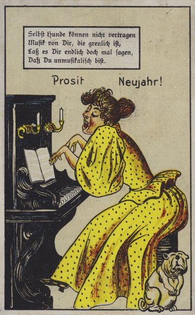 Mulher tocando piano de uma forma altamente expressiva, para a inquietação de um cão (cor litho) de German School