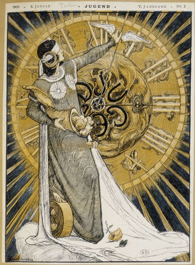 Mulher com tiras de olhos segurando um corno de abundância e avançando os ponteiros de um relógio (Alegoria da Fortuna) - em "Jugend" de 08/01/1900 de German School
