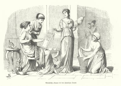 Mulheres a fazer as tarefas domésticas na Grécia Antiga (gravura) de German School