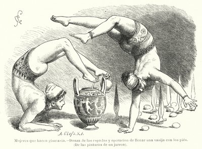 Mulheres fazendo ginástica na Grécia Antiga: dança da espada e enchimento de um vaso usando os pés (litho) de German School