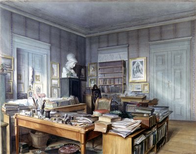 Sala de trabalho de Wilhelm Grimm (1786 -1859) em Berlim, 7 Linkstrasse. Gravado pelo Sr. Hoffmann. Museu Nacional, Nuremberga. 1860. de German School
