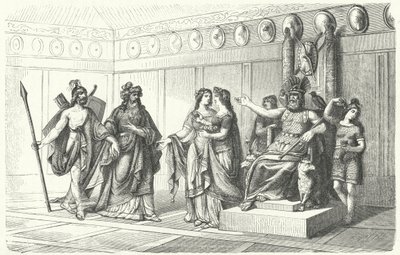 Wotan recebendo os músicos apresentados por Bragi, o deus da poesia e da canção (gravura) de German School