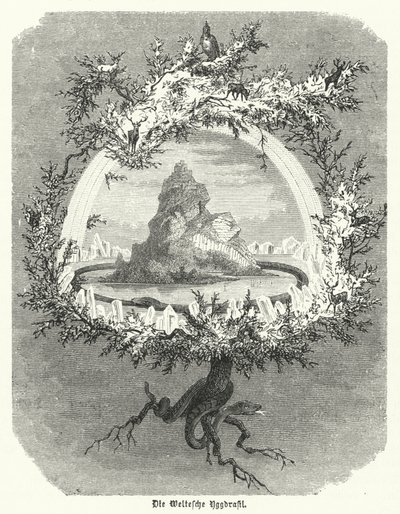 Yggdrasil, freixo mítico da cosmologia nórdica (gravura) de German School