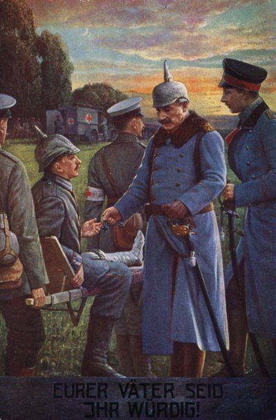Sois dignos dos vossos pais: O Kaiser Wilhelm II condecorando um soldado alemão ferido com a Cruz de Ferro (litografia a cores) de German School