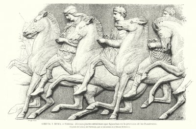 Jovens cavaleiros atenienses, cópia de parte do Parthenon Frieze de Atenas, Grécia antiga (litho) de German School