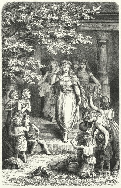 Jovens mulheres alemãs usando coroas para celebrar o festival de Eostre (Ostara) (gravura) de German School